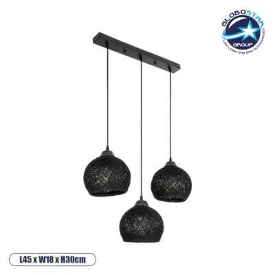 LEDTM® YASAM 203-0026 Vintage Κρεμαστό Φωτιστικό Οροφής με Ντουί 3 x E27 AC 220-240V IP20 - Μαύρο - Μ45 x Π18 x Υ30cm