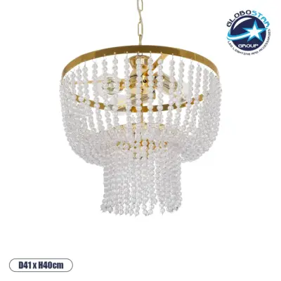 LEDTM® CRYSTAL 203-0028 Κλασικό Κρεμαστό Φωτιστικό Οροφής με Ντουί 3 x E27 AC 220-240V IP20 - Χρυσό & Διάφανο - Μ41 x Π41 x Υ40cm