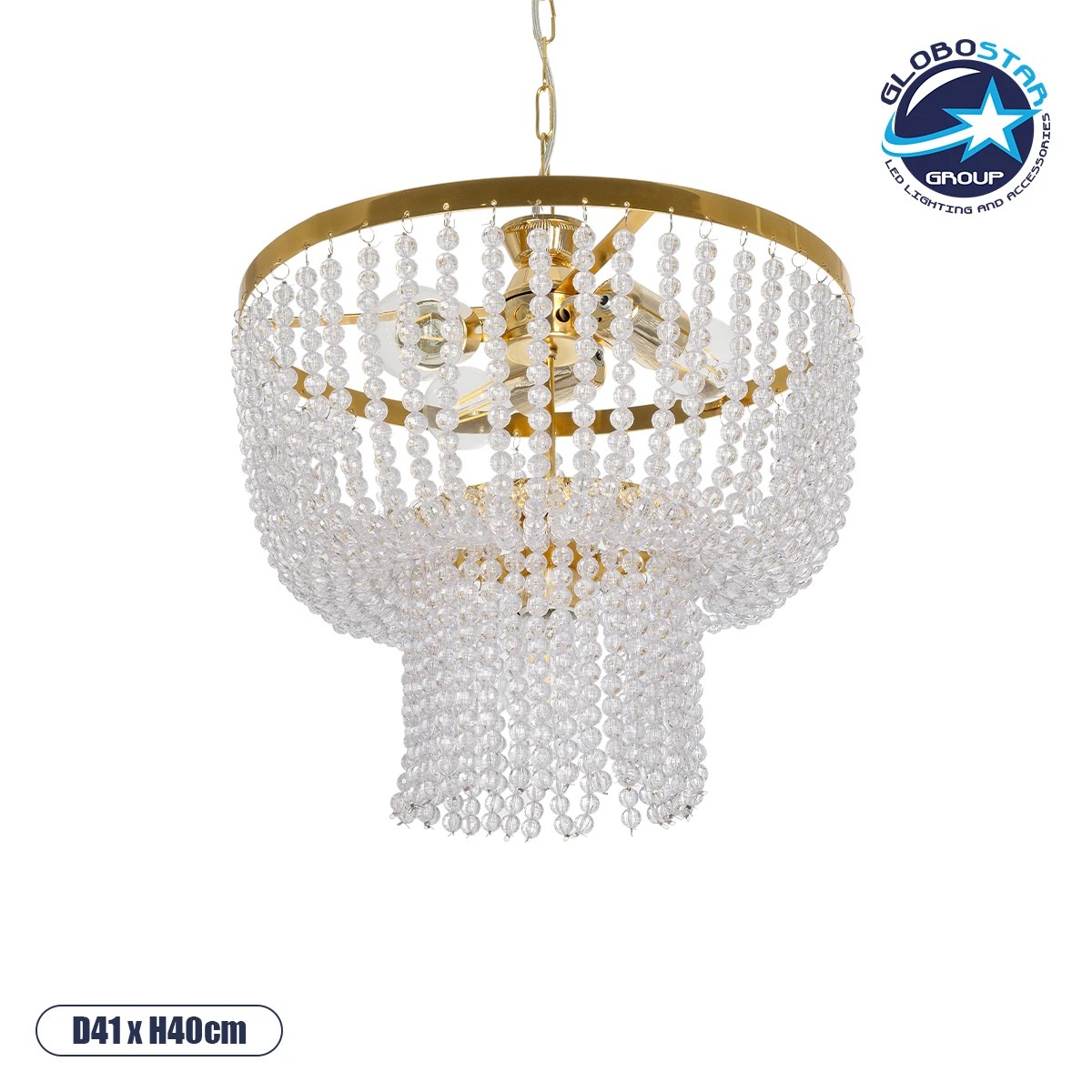 LEDTM® CRYSTAL 203-0028 Κλασικό Κρεμαστό Φωτιστικό Οροφής με Ντουί 3 x E27 AC 220-240V IP20 - Χρυσό & Διάφανο - Μ41 x Π41 x Υ40cm
