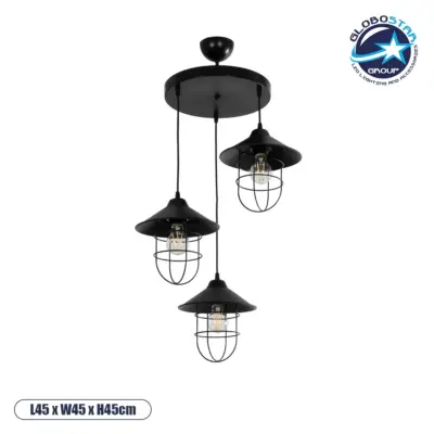 LEDTM® CAGE 203-0097 Vintage Κρεμαστό Φωτιστικό Οροφής με Ντουί 3 x E27 AC 220-240V IP20 - Μαύρο - Μ45 x Π45 x Υ45cm