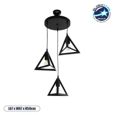 LEDTM® TRIANGLE 203-0160 Μοντέρνο Κρεμαστό Φωτιστικό Οροφής με Ντουί 3 x E27 AC 220-240V IP20 - Μάυρο - Μ67 x Π67 x Υ50cm