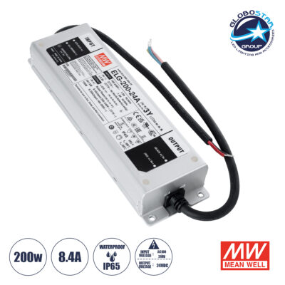 LEDTM® MEANWELL-ELG200-24A 90789 Τροφοδοτικό/Μετασχηματιστής Class I SELV 200W 8.4A AC 220-240V σε DC 24V Αδιάβροχο IP65 - Ρυθμιζόμενo από DC 22.4V έως DC 25.6V - Ασημί - Μ24.4 x Π7.1 x Υ3.8cm - 3 Χρόνια Εγγύηση