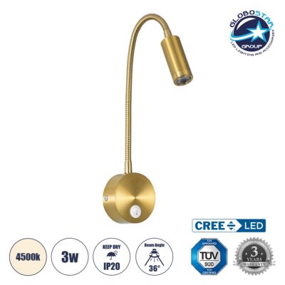 LEDTM® GOOSE 60880 Μοντέρνο Φωτιστικό Τοίχου - Απλίκα Ξενοδοχείου Reading Light LED 3W 300lm 36° AC 220-240V IP20 Φυσικό Λευκό 4500K - CREE XPE Chip & TÜV SÜD Driver - Χρυσό Πλατίνα - Μ6.5 x Π15 x Υ24.5cm - 3 Χρόνια Εγγύηση