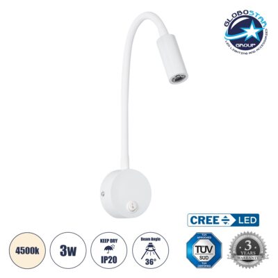 LEDTM® GOOSE 60876 Μοντέρνο Φωτιστικό Τοίχου - Απλίκα Ξενοδοχείου Reading Light LED 3W 300lm 36° AC 220-240V IP20 Φυσικό Λευκό 4500K - CREE XPE Chip & TÜV SÜD Driver - Λευκό Ματ - Μ6.5 x Π15 x Υ24.5cm - 3 Χρόνια Εγγύηση