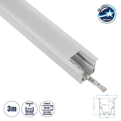 LEDTM® ALP-LINEAR RECESSA 61785-3M Χωνευτό Προφίλ Αλουμινίου με Λευκό Γαλακτερό Πατητό Κάλυμμα για Ταινίες LED IP20 - Λεικό Ματ - Μ300 x Π3.5 x Υ4cm