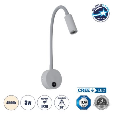 LEDTM® GOOSE 60877 Μοντέρνο Φωτιστικό Τοίχου - Απλίκα Ξενοδοχείου Reading Light LED 3W 300lm 36° AC 220-240V IP20 Φυσικό Λευκό 4500K - CREE XPE Chip & TÜV SÜD Driver - Γκρι Ανθρακί Ματ - Μ6.5 x Π15 x Υ24.5cm - 3 Χρόνια Εγγύηση