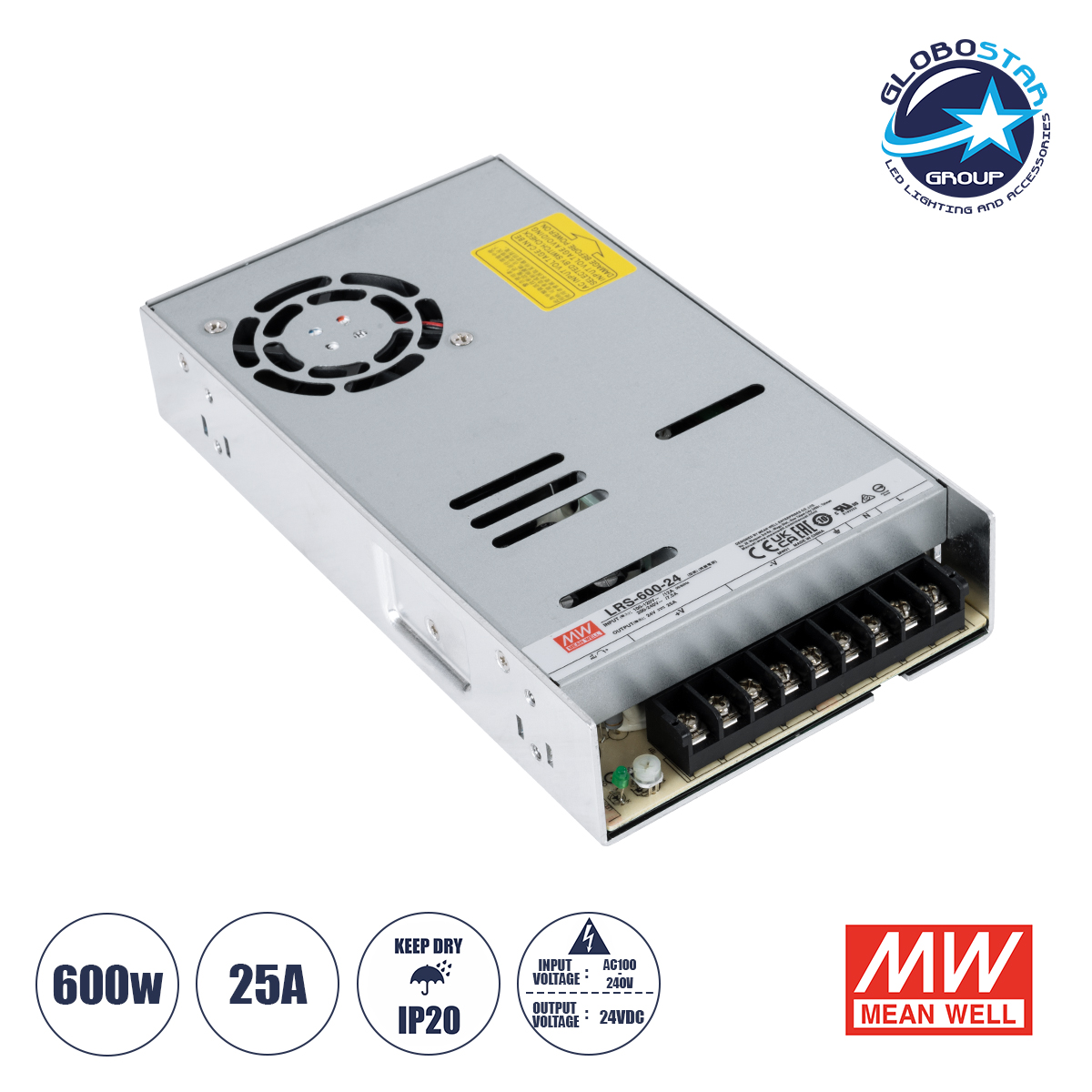 LEDTM® MEANWELL-LRS600-24 90788 Τροφοδοτικό/Μετασχηματιστής Class I PELV 600W 25A AC 220-240V σε DC 24V IP20 - Ρυθμιζόμενo από DC 22.8V έως DC 26.4V - Ασημί - Μ22.5 x Π12.4 x Υ4.1cm - 3 Χρόνια Εγγύηση