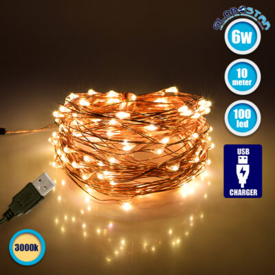 79722 Διακοσμητική Γιρλάντα 10 Μέτρων 100 LED USB 5 Volt 6 Watt με Χάλκινο Συρμάτινο Καλώδιο Θερμό Λευκό 3000K