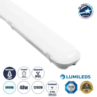 LEDTM® EMERGANO 60180 120cm Γραμμικό Βιομηχανικό Φωτιστικό Tri-Proof Τεχνολογίας Emergency με Ενσωματωμένη Μπαταρία Li-Ion 3.7V 5000mAH & Αυτονομία 3 Ώρες LED 48W 5760lm 120° AC 220-240V Αδιάβροχο IP65 Ψυχρό Λευκό 6000K - LUMILEDs SMD Chip & TÜV SÜD Driver - Γκρι με Γαλακτερό Κάλυμμα Πλαστικό PC - Μ120 x Π10.5 x Υ8cm - 5 Χρόνια Εγγύση