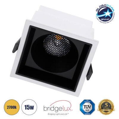 LEDTM® PLUTO-B 60277 Χωνευτό Downlight Σποτ με Honeycomb Anti Glare Reflector LED 15W 1875lm 38° AC 220-240V IP20 Θερμό Λευκό 2700K - Bridgelux COB Chip & TÜV SÜD Driver - Λευκό & Μαύρο Ματ - Μ10.4 x Π10.4 x Υ6.5cm / Q9.5 x 9.5cm - 5 Χρόνια Εγγύηση