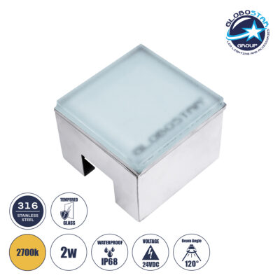 LEDTM® CYBOLITHOS 60365 Χωνευτό Αρχιτεκτονικο Φωτιστικό Σποτ Δαπέδου LED 2W 220lm 120° DC 24V Αδιάβροχο IP68 IK06 Θερμό Λευκό 2700K Dimmable - Bridgelux SMD Chip - Γαλακτερό Tempered Glass & Ανοξείδωτο Ατσάλι SS316 - Μ10 x Π10x Υ8cm / Q10 x 10cm - 3 Χρόνια Εγγύηση