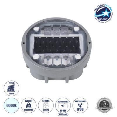 LEDTM® ROADER 60367 Professional LED Strobe Αυτόνομος Ηλιακός Χωνευτός Ανακλαστήρας Οδοστρώματος με Ενσωματωμένο Φωτοβολταϊκό Panel 2.5V 220mA & Επαναφορτιζόμενη Μπαταρία Ni-MH 1.2V 1200mAh - Αδιάβροχο IP68 - Ψυχρό Λευκό 6000K - Max Pass Load 20 Τόνοι - Φ12.5 x Υ7.7cm - 3 Years Warranty