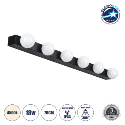 LEDTM® BELLA 60452 Μοντέρνο Φωτιστικό Τοίχου - Απλίκα Καθρέπτη Μπάνιου LED 18W 2052lm 300° AC 220-240V IP44 Φυσικό Λευκό 4500K - Bridgelux COB Chip & TÜV SÜD Driver - Μαύρο Ματ & Λευκό - Μ70 x Π11 x Υ6cm - 3 Χρόνια Εγγύηση