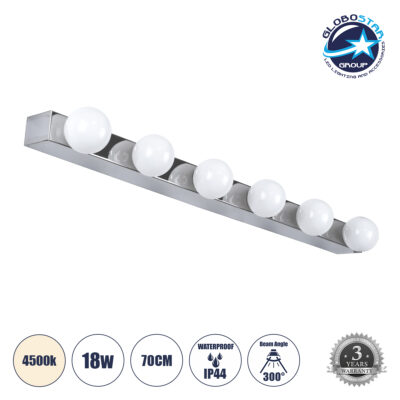 LEDTM® BELLA 60453 Μοντέρνο Φωτιστικό Τοίχου - Απλίκα Καθρέπτη Μπάνιου LED 18W 2052lm 300° AC 220-240V IP44 Φυσικό Λευκό 4500K - Bridgelux COB Chip & TÜV SÜD Driver - Ασημί & Λευκό - Μ70 x Π11 x Υ6cm - 3 Χρόνια Εγγύηση