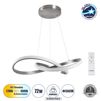 LEDTM® DEXTER 60498 Μοντέρνο Κρεμαστό Φωτιστικό Οροφής LED 72W 8064lm 300° AC 220-240V IP20 Ρυθμιζόμενο Λευκό CCT με Χειριστήριο από 2700K έως 6000K Dimmable - Lumileds SMD Chip - Νίκελ Βούρτσας - Μ56 x Π56 x Υ14cm - 3 Χρόνια Εγγύηση