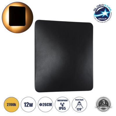 LEDTM® HELIO-S 60664 Μοντέρνο Φωτιστικό Τοίχου - Απλίκα LED 12W 1380lm 120° AC 220-240V Αδιάβροχο IP65 Θερμό Λευκό 2700K - Lumileds SMD Chip & TÜV SÜD Driver - Μαύρο Ματ - Μ26 x Π5 x Υ26cm - 5 Χρόνια Εγγύηση