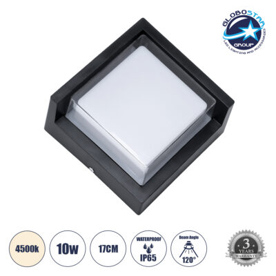 LEDTM® APEX 60770 Μοντέρνο Φωτιστικό Τοίχου - Απλίκα LED 10W 1050lm 120° AC 220-240V Αδιάβροχο IP65 Φυσικό Λευκό 4500K - Bridgelux SMD Chip - Μαύρο Ματ - Μ17 x Π17 x Υ9cm - 3 Χρόνια Εγγύηση