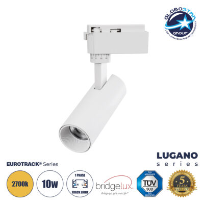LEDTM® LUGANO 60802 Μονοφασικό Φωτιστικό Σποτ Ράγας LED 10W 1200lm 36° Acrylic HQ LENS AC 220-240V IP20 Φ4.5 x Υ19cm Θερμό Λευκό 2700K - EUROTRACK® System 1L+1N - Λευκό - Bridgelux Chip - TÜV Certified Driver - 5 Χρόνια Εγγύηση