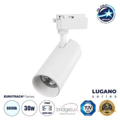 LEDTM® LUGANO 60812 Μονοφασικό Φωτιστικό Σποτ Ράγας LED 30W 3900lm 36° Acrylic HQ LENS AC 220-240V IP20 Φ7.5 x Υ22.7cm Ψυχρό Λευκό 6000K - EUROTRACK® System 1L+1N - Λευκό - Bridgelux Chip - TÜV Certified Driver - 5 Χρόνια Εγγύηση