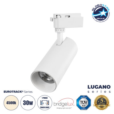 LEDTM® LUGANO 60813 Μονοφασικό Φωτιστικό Σποτ Ράγας LED 30W 3750lm 36° Acrylic HQ LENS AC 220-240V IP20 Φ7.5 x Υ22.7cm Φυσικό Λευκό 4500K - EUROTRACK® System 1L+1N - Λευκό - Bridgelux Chip - TÜV Certified Driver - 5 Χρόνια Εγγύηση