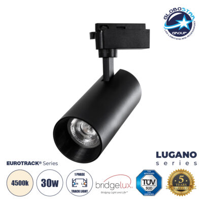 LEDTM® LUGANO 60816 Μονοφασικό Φωτιστικό Σποτ Ράγας LED 30W 3750lm 36° Acrylic HQ LENS AC 220-240V IP20 Φ7.5 x Υ22.7cm Φυσικό Λευκό 4500K - EUROTRACK® System 1L+1N - Μαύρο - Bridgelux Chip - TÜV Certified Driver - 5 Χρόνια Εγγύηση