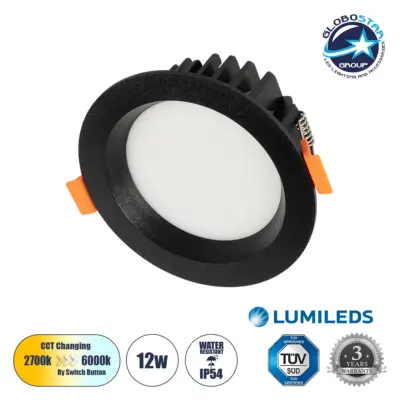 LEDTM® WATERA 60897 Χωνευτό Downlight Σποτ Panel Μπάνιου & WC LED 12W 1500lm 120° AC 220-240V Αδιάβροχο IP54 Ρυθμιζόμενο Λευκό CCT με Διακόπτη στο Σώμα 2700K/4500K/6000K Dimmable - Lumileds SMD Chip & TÜV SÜD Driver - Μαύρο Ματ - Μ10.8 x Π10.8 x Υ3.2cm / Q9cm - 3 Χρόνια Εγγύηση