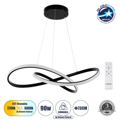 LEDTM® DEXTER 60913 Μοντέρνο Κρεμαστό Φωτιστικό Οροφής LED 90W 10080lm 300° AC 220-240V IP20 Ρυθμιζόμενο Λευκό CCT με Χειριστήριο από 2700K έως 6000K Dimmable - Lumileds SMD Chip - Μαύρο Ματ - Μ73 x Π73 x Υ16cm - 3 Χρόνια Εγγύηση