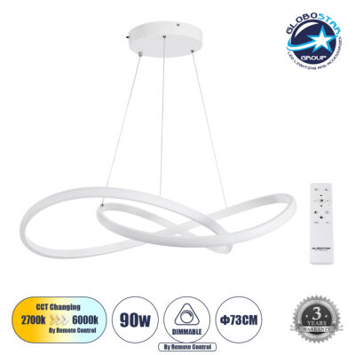 LEDTM® DEXTER 60914 Μοντέρνο Κρεμαστό Φωτιστικό Οροφής LED 90W 10080lm 300° AC 220-240V IP20 Ρυθμιζόμενο Λευκό CCT με Χειριστήριο από 2700K έως 6000K Dimmable - Lumileds SMD Chip - Λευκό Ματ - Μ73 x Π73 x Υ16cm - 3 Χρόνια Εγγύηση