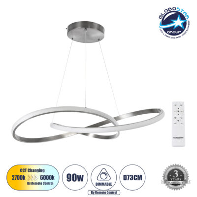 LEDTM® DEXTER 60915 Μοντέρνο Κρεμαστό Φωτιστικό Οροφής LED 90W 10080lm 300° AC 220-240V IP20 Ρυθμιζόμενο Λευκό CCT με Χειριστήριο από 2700K έως 6000K Dimmable - Lumileds SMD Chip - Σατινέ Νίκελ Βούρτσας - Μ73 x Π73 x Υ16cm - 3 Χρόνια Εγγύηση