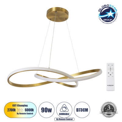 LEDTM® DEXTER 60916 Μοντέρνο Κρεμαστό Φωτιστικό Οροφής LED 90W 10080lm 300° AC 220-240V IP20 Ρυθμιζόμενο Λευκό CCT με Χειριστήριο από 2700K έως 6000K Dimmable - Lumileds SMD Chip - Χρυσό Πλατίνα - Μ73 x Π73 x Υ16cm - 3 Χρόνια Εγγύηση