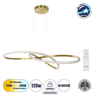 LEDTM® DEXTER 60920 Μοντέρνο Κρεμαστό Φωτιστικό Οροφής LED 120W 13440lm 300° AC 220-240V IP20 Ρυθμιζόμενο Λευκό CCT με Χειριστήριο από 2700K έως 6000K Dimmable - Lumileds SMD Chip - Χρυσό Βούρτσας - Μ103 x Π103 x Υ30cm - 3 Χρόνια Εγγύηση