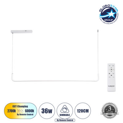 LEDTM® LINARIA 60922 Μοντέρνο Κρεμαστό Φωτιστικό Οροφής LED 36W 4150lm 200° AC 220-240V IP20 Ρυθμιζόμενο Λευκό CCT με Χειριστήριο από 2700K έως 6000K Dimmable - Lumileds SMD Chip - Λευκό Ματ - Μ120 x Π2 x Υ10cm - 3 Χρόνια Εγγύηση