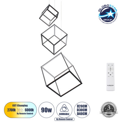 LEDTM® KIBOO-TRIO 60931 Μοντέρνο Κρεμαστό Φωτιστικό Οροφής LED 90W 10350lm 360° AC 220-240V IP20 Ρυθμιζόμενο Λευκό CCT με Χειριστήριο από 2700K έως 6000K Dimmable - Lumileds SMD Chip - Μαύρο Ματ - Μ60 x Π60 x Υ80cm - 3 Χρόνια Εγγύηση