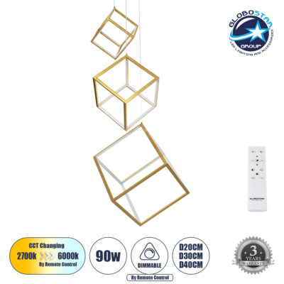 LEDTM® KIBOO-TRIO 60932 Μοντέρνο Κρεμαστό Φωτιστικό Οροφής LED 90W 10350lm 360° AC 220-240V IP20 Ρυθμιζόμενο Λευκό CCT με Χειριστήριο από 2700K έως 6000K Dimmable - Lumileds SMD Chip - Χρυσό - Μ60 x Π60 x Υ80cm - 3 Χρόνια Εγγύηση
