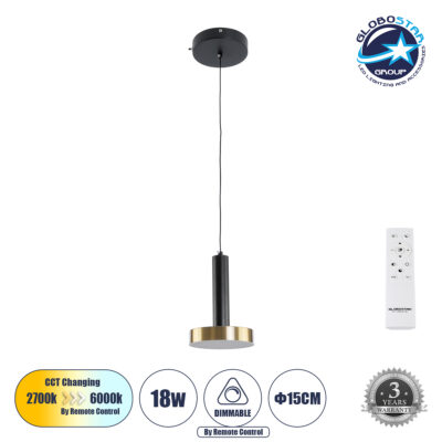 LEDTM® ZANE 60933 Μοντέρνο Κρεμαστό Φωτιστικό Οροφής LED 18W 2016lm 120° AC 220-240V IP20 Ρυθμιζόμενο Λευκό CCT με Χειριστήριο από 2700K έως 6000K Dimmable - Lumileds SMD Chip - Μαύρο Ματ & Χρυσό - Μ15 x Π15 x Υ20cm - 3 Χρόνια Εγγύηση