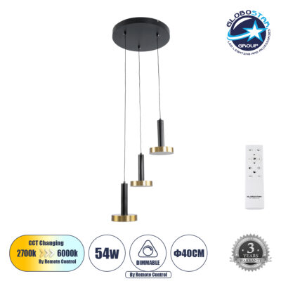LEDTM® ZANE 60934 Μοντέρνο Κρεμαστό Φωτιστικό Οροφής LED 54W 6048lm 120° AC 220-240V IP20 Ρυθμιζόμενο Λευκό CCT με Χειριστήριο από 2700K έως 6000K Dimmable - Lumileds SMD Chip - Μαύρο Ματ & Χρυσό - Μ40 x Π40 x Υ20cm - 3 Χρόνια Εγγύηση