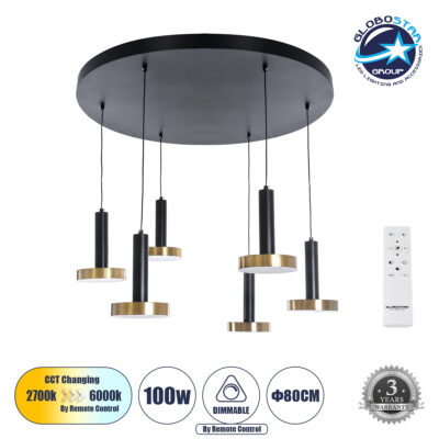 LEDTM® ZANE 60935 Μοντέρνο Κρεμαστό Φωτιστικό Οροφής LED 100W 11200lm 120° AC 220-240V IP20 Ρυθμιζόμενο Λευκό CCT με Χειριστήριο από 2700K έως 6000K Dimmable - Lumileds SMD Chip - Μαύρο Ματ & Χρυσό - Μ80 x Π80 x Υ20cm - 3 Χρόνια Εγγύηση