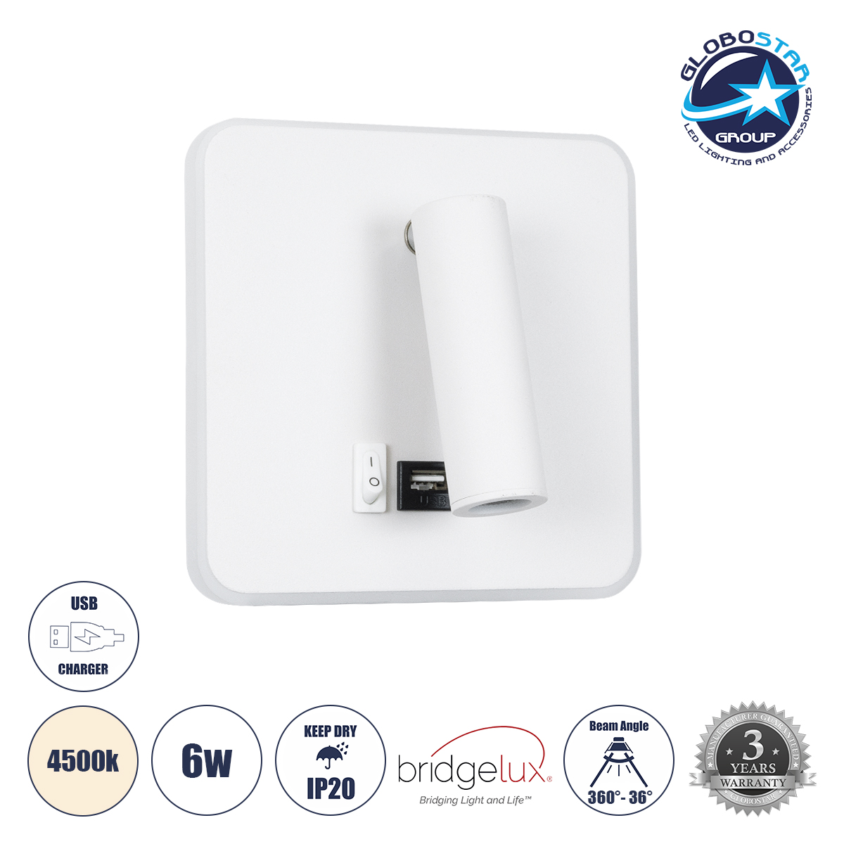 LEDTM® LADY-S 60943 Μοντέρνο Φωτιστικό Τοίχου - Απλίκα Ξενοδοχείου Reading Light με Φορτιστή USB 3A LED 6W 600lm 36° & 360° AC 220-240V IP20 Φυσικό Λευκό 4500K - Bridgelux COB Chip & TÜV SÜD Driver - Λευκό Ματ - Μ15 x Π15 x Υ7cm - 3 Χρόνια Εγγύηση