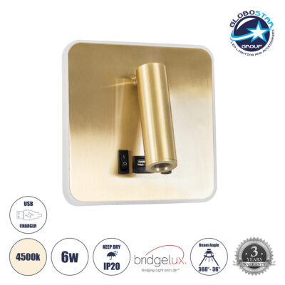 LEDTM® LADY-S 60944 Μοντέρνο Φωτιστικό Τοίχου - Απλίκα Ξενοδοχείου Reading Light με Φορτιστή USB 3A LED 6W 600lm 36° & 360° AC 220-240V IP20 Φυσικό Λευκό 4500K - Bridgelux COB Chip & TÜV SÜD Driver - Χρυσό Πλατίνα - Μ15 x Π15 x Υ7cm - 3 Χρόνια Εγγύηση