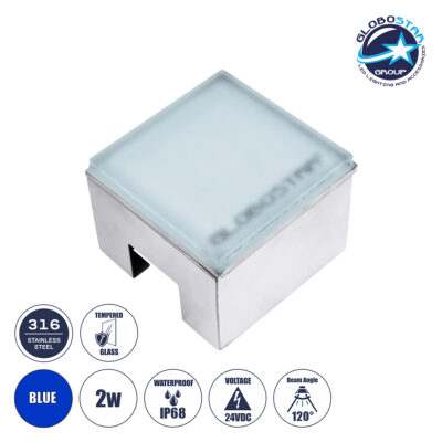 LEDTM® CYBOLITHOS 60946 Χωνευτό Αρχιτεκτονικο Φωτιστικό Σποτ Δαπέδου LED 2W 170lm 120° DC 24V Αδιάβροχο IP68 IK06 Μπλε Dimmable - Bridgelux SMD Chip - Γαλακτερό Tempered Glass & Ανοξείδωτο Ατσάλι SS316 - Μ10 x Π10x Υ8cm / Q10 x 10cm - 3 Χρόνια Εγγύηση