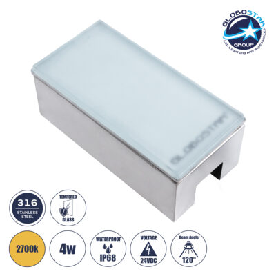 LEDTM® CYBOLITHOS 60949 Χωνευτό Αρχιτεκτονικο Φωτιστικό Σποτ Δαπέδου LED 4W 440lm 120° DC 24V Αδιάβροχο IP68 IK06 Θερμό Λευκό 2700K Dimmable - Bridgelux SMD Chip - Γαλακτερό Tempered Glass & Ανοξείδωτο Ατσάλι SS316 - Μ20 x Π10x Υ8cm / Q20 x 10cm - 3 Χρόνια Εγγύηση