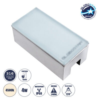 LEDTM® CYBOLITHOS 60950 Χωνευτό Αρχιτεκτονικο Φωτιστικό Σποτ Δαπέδου LED 4W 460lm 120° DC 24V Αδιάβροχο IP68 IK06 Φυσικό Λευκό 4500K Dimmable - Bridgelux SMD Chip - Γαλακτερό Tempered Glass & Ανοξείδωτο Ατσάλι SS316 - Μ20 x Π10x Υ8cm / Q20 x 10cm - 3 Χρόνια Εγγύηση