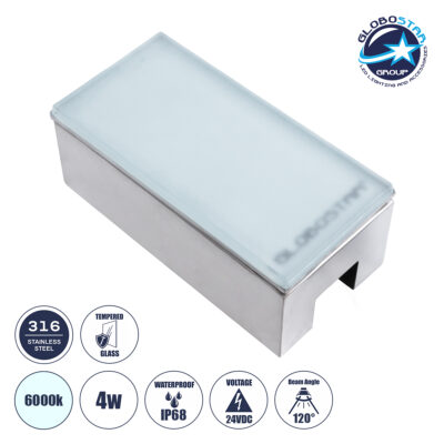 LEDTM® CYBOLITHOS 60951 Χωνευτό Αρχιτεκτονικο Φωτιστικό Σποτ Δαπέδου LED 4W 480lm 120° DC 24V Αδιάβροχο IP68 IK06 Ψυχρό Λευκό 6000K Dimmable - Bridgelux SMD Chip - Γαλακτερό Tempered Glass & Ανοξείδωτο Ατσάλι SS316 - Μ20 x Π10x Υ8cm / Q20 x 10cm - 3 Χρόνια Εγγύηση