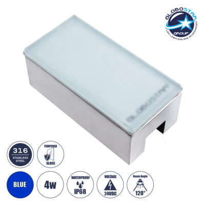 LEDTM® CYBOLITHOS 60952 Χωνευτό Αρχιτεκτονικο Φωτιστικό Σποτ Δαπέδου LED 4W 340lm 120° DC 24V Αδιάβροχο IP68 IK06 Μπλε Dimmable - Bridgelux SMD Chip - Γαλακτερό Tempered Glass & Ανοξείδωτο Ατσάλι SS316 - Μ20 x Π10x Υ8cm / Q20 x 10cm - 3 Χρόνια Εγγύηση