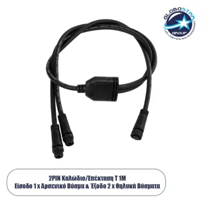 LEDTM® CONNECTOR 60954 2 Pin Καλώδιο/Επέκταση Τ 1 Μέτρου με Είσοδο 1 x Αρσενικό Βύσμα & Έξοδο 2 x Θηλυκά Βύσματα Αδιάβροχο IP68 - Μαύρο - Μ100 x Π3.7 x Υ1.4cm