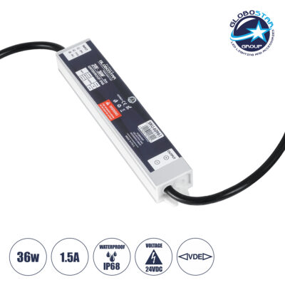 LEDTM® LUMISPLASH 60961 Τροφοδοτικό/Μετασχηματιστής Class II SELV 36W 1.5A DC 24V Αδιάβροχο IP68 - AC 220-240V σε DC 24V - Μ17 x Π3 x Υ2cm - 3 Χρόνια Εγγύηση