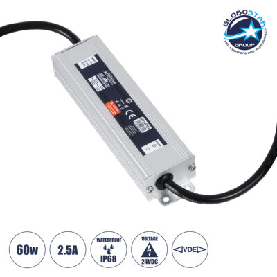 LEDTM® LUMISPLASH 60962 Τροφοδοτικό/Μετασχηματιστής Class II SELV 60W 2.5A DC 24V Αδιάβροχο IP68 - AC 220-240V σε DC 24V - Μ15 x Π3.5 x Υ2cm - 3 Χρόνια Εγγύηση
