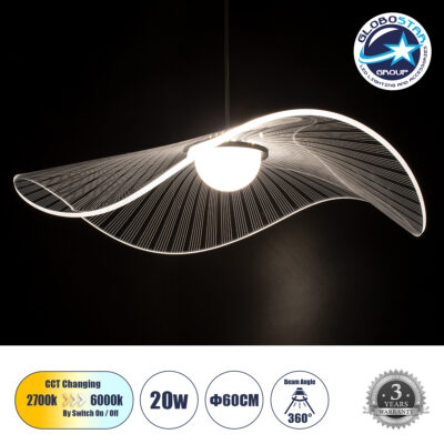 LEDTM® ACRYLICA 60975 Μοντέρνο Κρεμαστό Φωτιστικό Οροφής LED 20W 2240lm 360° AC 220-240V IP20 Ρυθμιζόμενο Λευκό CCT με On/Off 2700K/4500K/6000K - Lumileds SMD Chip - Διάφανο & Μαύρο Ματ - Μ60 x Π60 x Υ15cm - 3 Χρόνια Εγγύηση