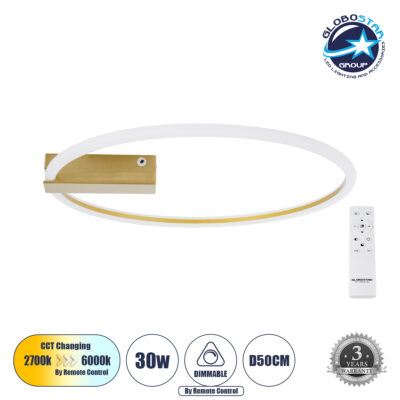 LEDTM® CINDERELLA 60982 Μοντέρνο Φωτιστικό Οροφής LED 30W 3360lm 360° AC 220-240V IP20 Ρυθμιζόμενο Λευκό CCT με Χειριστήριο από 2700K έως 6000K Dimmable - Lumileds SMD Chip - Χρυσό Βούρτσας - Μ50 x Π50 x Υ5cm - 3 Χρόνια Εγγύηση