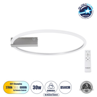 LEDTM® CINDERELLA 60983 Μοντέρνο Φωτιστικό Οροφής LED 30W 3360lm 360° AC 220-240V IP20 Ρυθμιζόμενο Λευκό CCT με Χειριστήριο από 2700K έως 6000K Dimmable - Lumileds SMD Chip - Νίκελ Βούρτσας - Μ50 x Π50 x Υ5cm - 3 Χρόνια Εγγύηση
